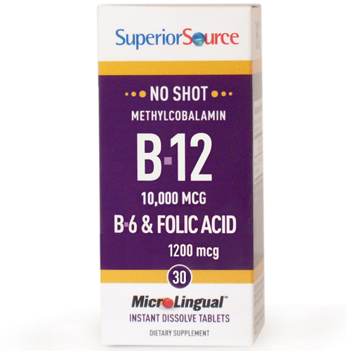 No Shot Methylcobalamin B12 10,000 mcg, B6, Folic Acid 1200 mcg, 30 Instant Dissolve Tablets, Superior Source