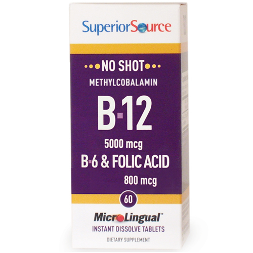 No Shot Methylcobalamin B12 5000 mcg, B6, Folic Acid 800 mcg, 60 Instant Dissolve Tablets, Superior Source