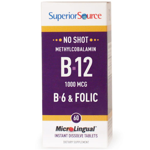 No Shot Methylcobalamin B12 1000 mcg, B6, Folic Acid 400 mcg, 60 Instant Dissolve Tablets, Superior Source