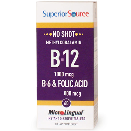 No Shot Methylcobalamin B12 1000 mcg, B6, Folic Acid 800 mcg, 60 Instant Dissolve Tablets, Superior Source