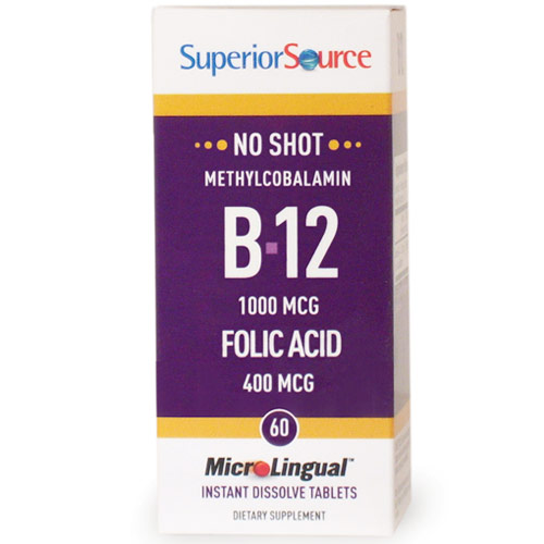 No Shot Methylcobalamin B12 1000 mcg, Folic Acid 400 mcg, 60 Instant Dissolve Tablets, Superior Source