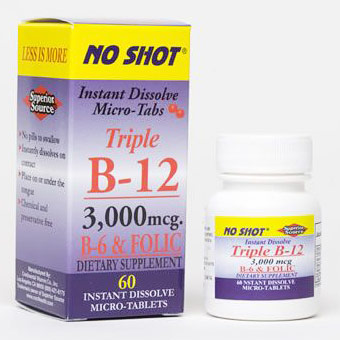 No Shot Triple B12 3000 mcg Plus B-6 & Folic Acid, 60 Instant Dissolve Tablets, Superior Source