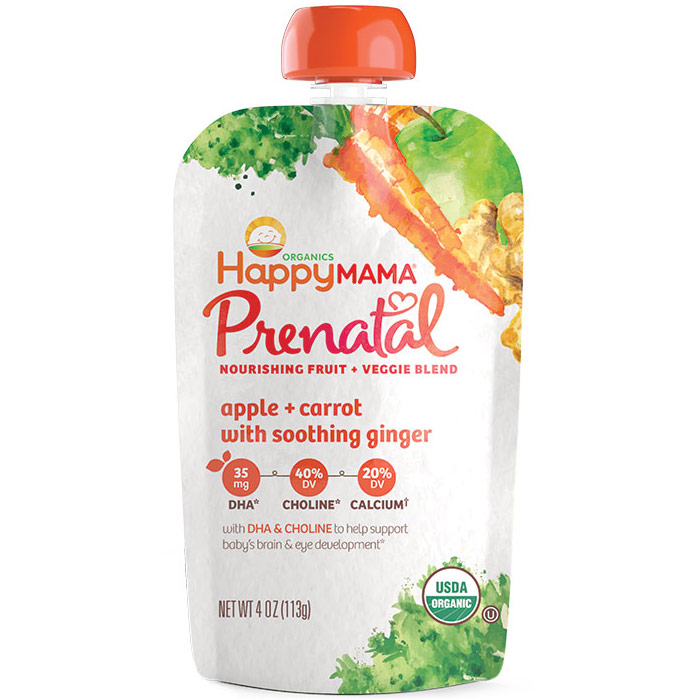 Organic Nourishing Fruit & Veggie Blend, Apple + Carrot with Soothing Ginger, Value Size, 4 oz x 4 Pouch, Happy Mama Prenatal