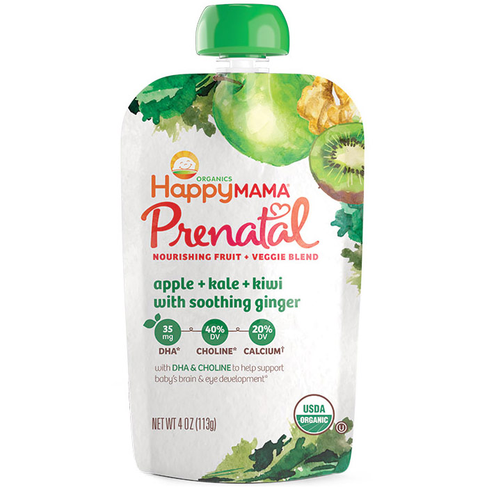 Organic Nourishing Fruit & Veggie Blend, Apple + Kale + Kiwi with Soothing Ginger, 4 oz, Happy Mama Prenatal