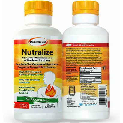 ManukaGuard Nutralize for Heartburn Relief, with Certified Medical Grade (16+) Active Manuka Honey, Ginger Peach, 7 oz