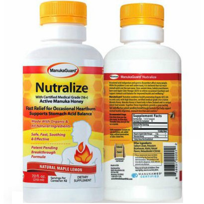 ManukaGuard Nutralize for Heartburn Relief, with Certified Medical Grade (16+) Active Manuka Honey, Maple Lemon, 7 oz