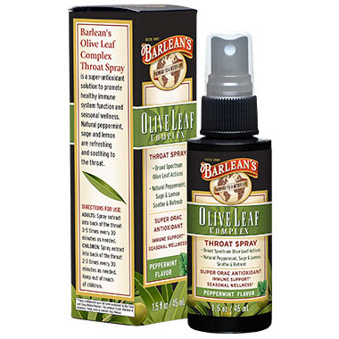 Olive Leaf Complex Throat Spray, Peppermint Flavor, 1.5 oz, Barleans Organic Oils