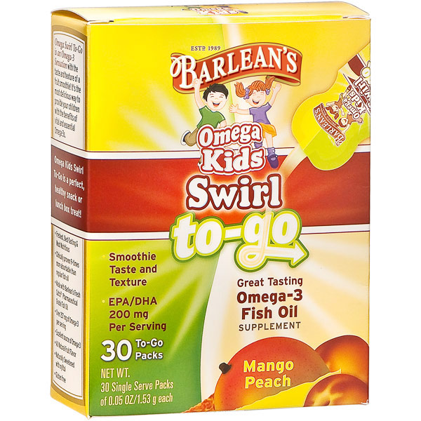 unknown Omega Kids Swirl To-Go Fish Oil Supplement, Mango Peach, 30 Packs, Barlean's Organic Oils