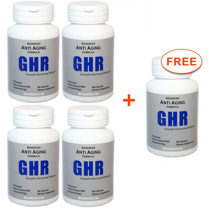 Buy 4 Get 1 FREE! GHR, All Natural Anti-Aging Supplement, 80 Capsules, NaturesTech Inc