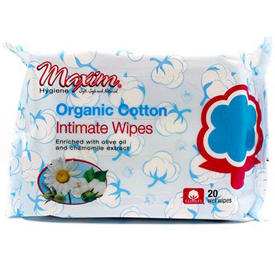 Organic Cotton Intimate Wipes, 20 Wet Wipes, Maxim Hygiene Products