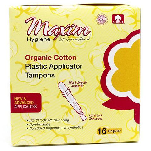 Organic Cotton Plastic Applicator Tampons, Regular, 16 ct, Maxim Hygiene Products