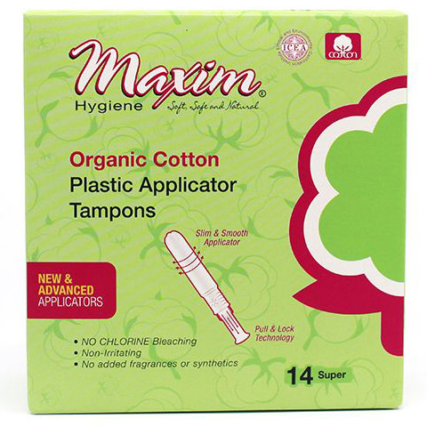 Organic Cotton Plastic Applicator Tampons, Super, 14 ct, Maxim Hygiene Products