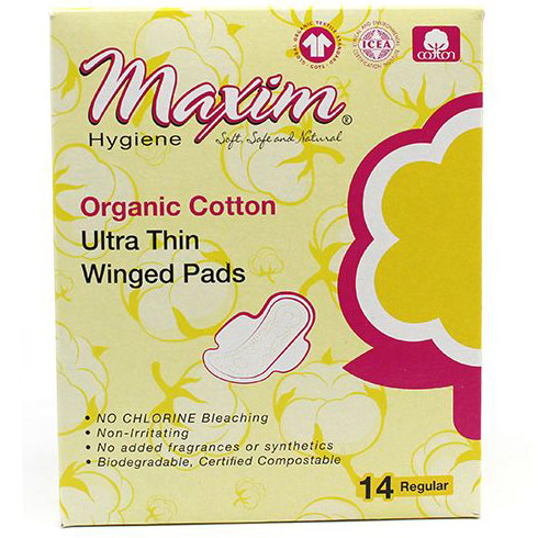 Organic Cotton Ultra Thin Winged Sanitary Pads, Regular/Daytime, 14 ct, Maxim Hygiene Products