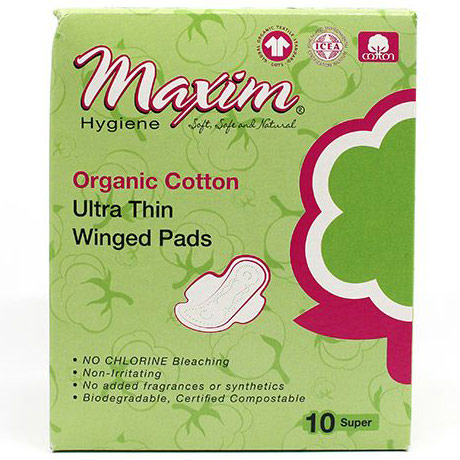 Organic Cotton Ultra Thin Winged Sanitary Pads, Super/Nighttime, 10 ct, Maxim Hygiene Products