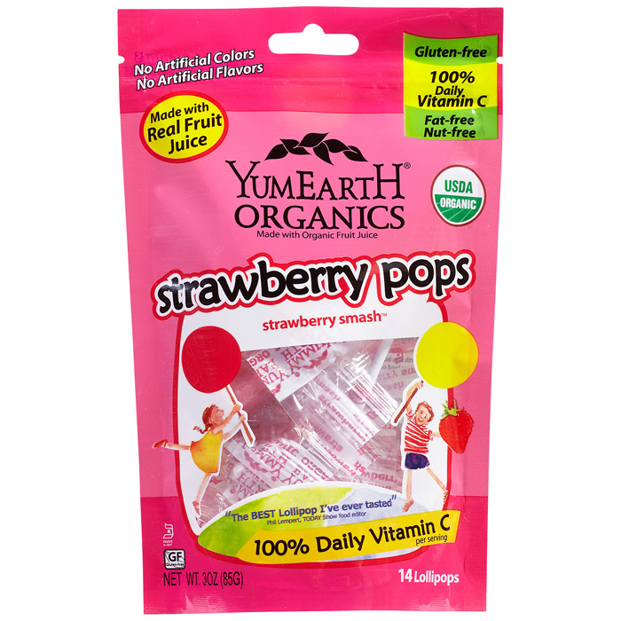 YummyEarth Organic Strawberry Pops, Naturally Flavored, 14 Lollipops x 6 Pouches, YumEarth