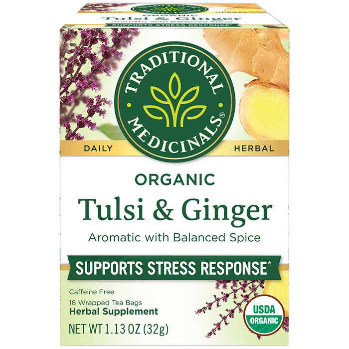 Organic Tulsi Tea with Ginger, 16 Tea Bags, Traditional Medicinals Teas