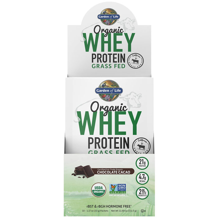 Organic Whey Protein Grass Fed, Chocolate Cacao, 1.17 oz x 10 Packets, Garden of Life
