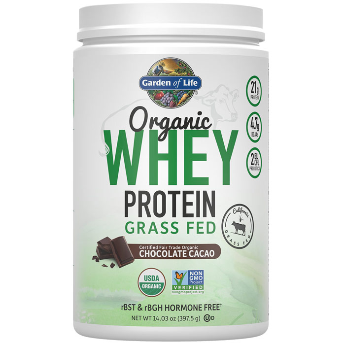 Organic Whey Protein Grass Fed, Chocolate Cacao, 14.03 oz (397.5 g), Garden of Life