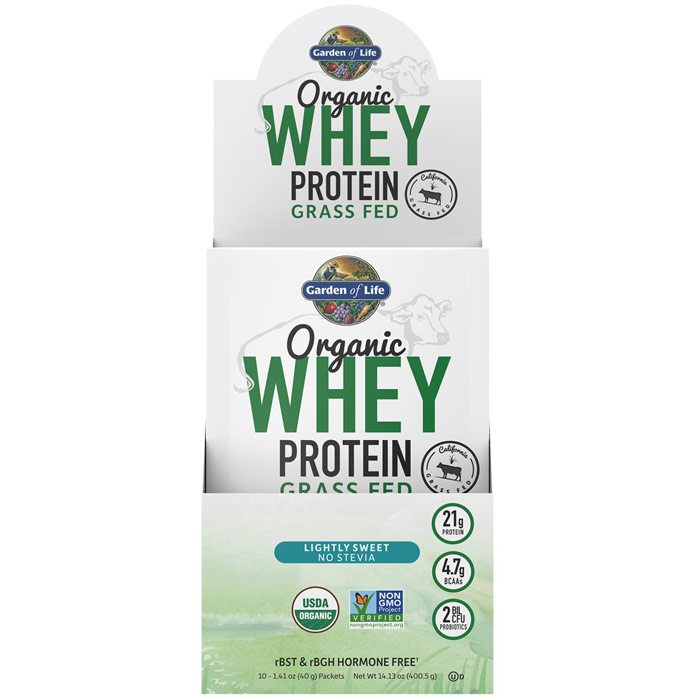 Organic Whey Protein Grass Fed, Lightly Sweetened, 1.41 oz x 10 Packets, Garden of Life