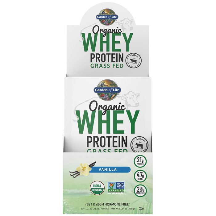 Organic Whey Protein Grass Fed, Vanilla, 1.11 oz x 10 Packets, Garden of Life