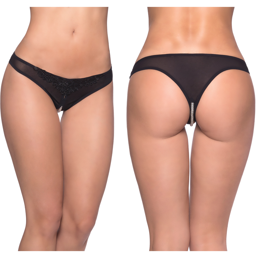 Paradise Crotchless Pearl Thong, Black, 1X/2X, Oh La La Cheri Lingerie