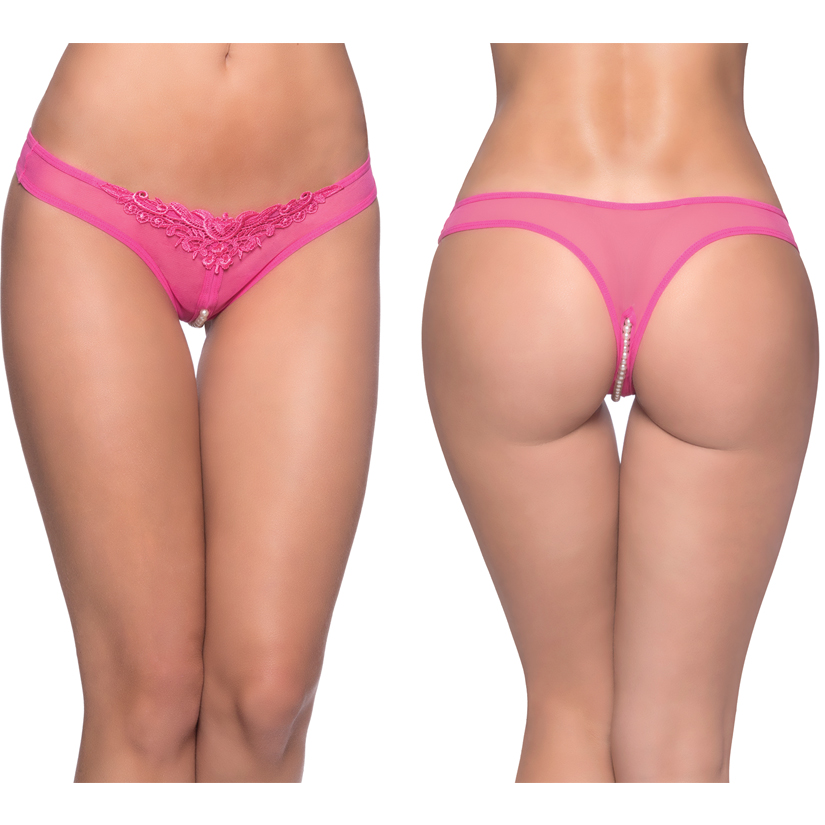 Paradise Crotchless Pearl Thong, Pink, 1X/2X, Oh La La Cheri Lingerie