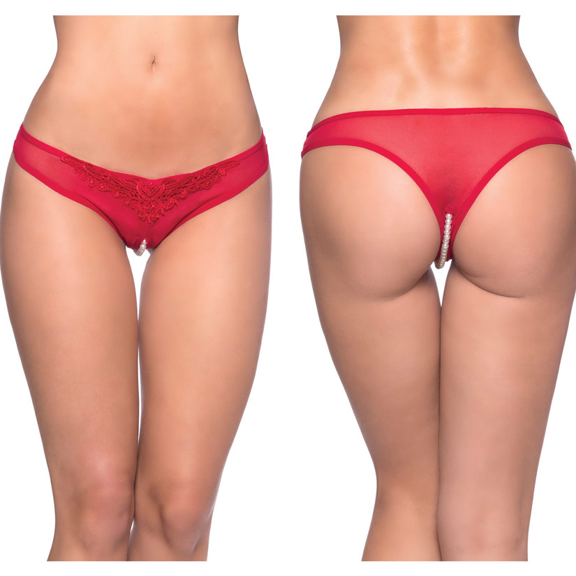 Paradise Crotchless Pearl Thong, Red, One Size, Oh La La Cheri Lingerie