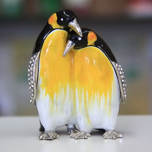Penguin Couple Gilt Jewelry Gift Box with Fine Crystals
