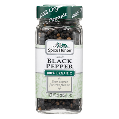 Peppercorns, Black, Whole, 100% Organic, 2 oz x 6 Bottles, Spice Hunter