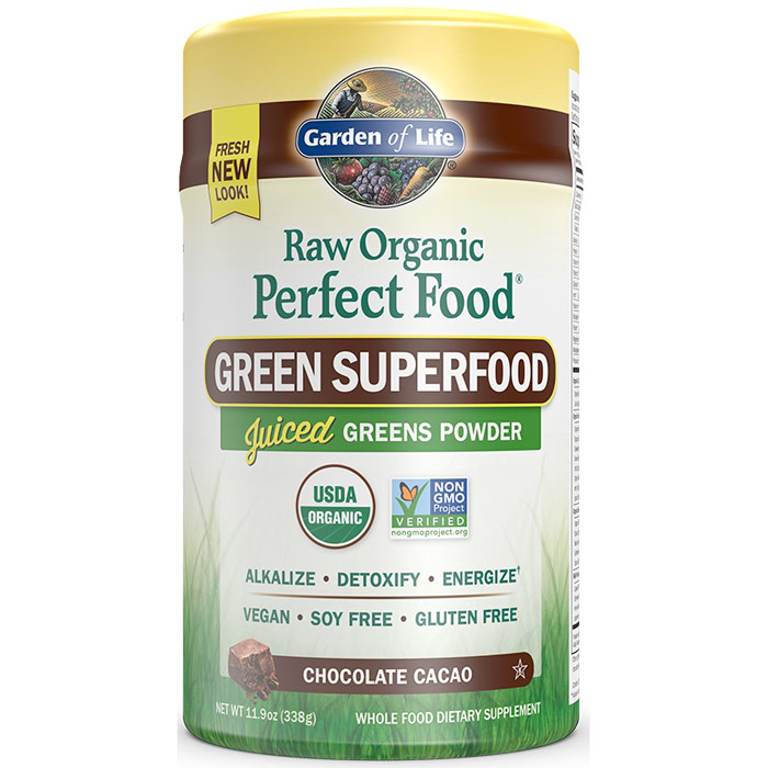 Perfect Food Raw Organic Green Superfood Powder - Chocolate Cacao, 11.9 oz (338 g), Garden of Life