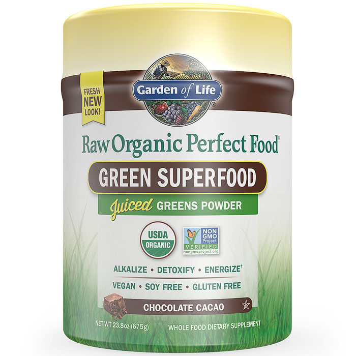 Perfect Food Raw Organic Green Superfood Powder - Chocolate Cacao, 23.8 oz (675 g), Garden of Life