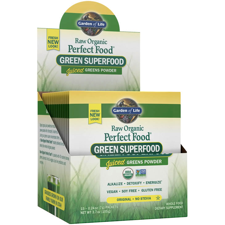 Perfect Food Raw Organic Green Superfood Juiced Greens Powder - Original, 15 Packets (7 g Each), Garden of Life