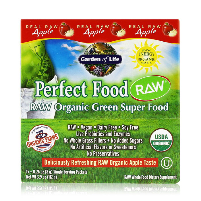Perfect Food RAW Organic Green Super Food Powder - Apple, 15 Packets (8 g Each), Garden of Life