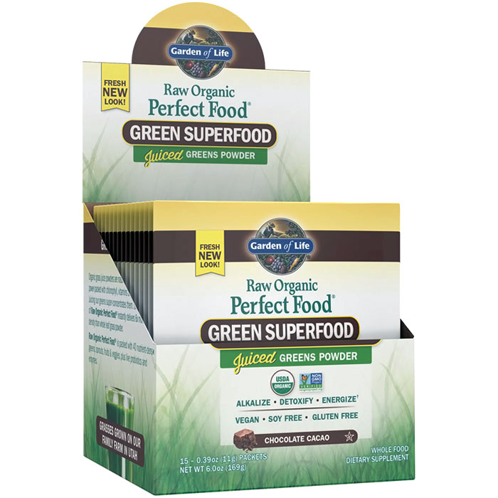 Perfect Food Raw Organic Green Superfood Juiced Greens Powder - Chocolate Cacao, 15 Packets (11 g Each), Garden of Life