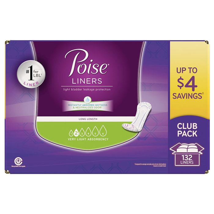 Poise Very Light Absorbency Liners for Light Bladder Leakage Protection, Long Length, 132 ct