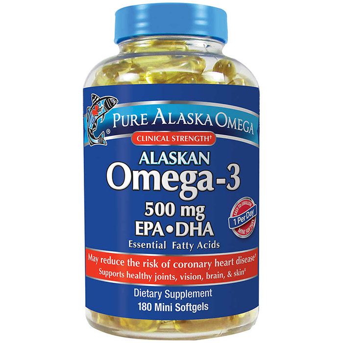 Pure Alaska Omega Alaskan Omega-3 Fish Oil, 500 mg EPA & DHA, 180 Mini Softgels