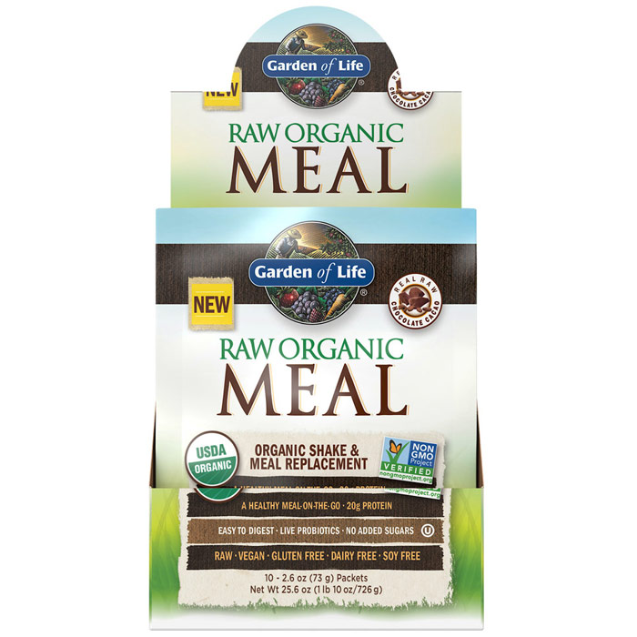 Raw Organic Meal, Shake & Meal Replacement, Chocolate Cacao, 2.6 oz x 10 Packets, Garden of Life