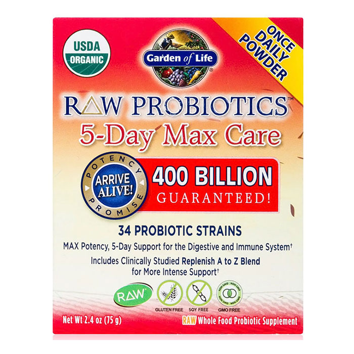 RAW Probiotics 5-Day Max Care 400 Billion CFU Powder, 2.4 oz x 3 Packs, Garden of Life