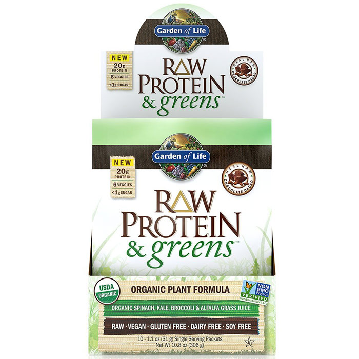 RAW Protein & Greens Organic Powder - Chocolate Cacao, 10 Packets (31 g Each), Garden of Life