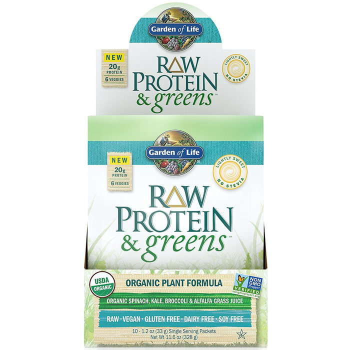 RAW Protein & Greens Organic Powder - Lightly Sweet, 10 Packets (33 g Each), Garden of Life