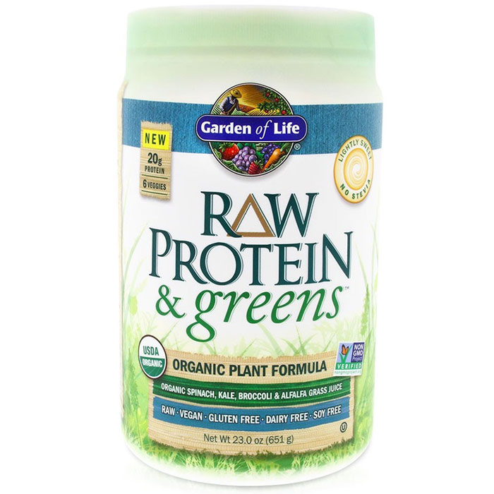 RAW Protein & Greens Organic Powder - Lightly Sweet, 23 oz (651 g), Garden of Life