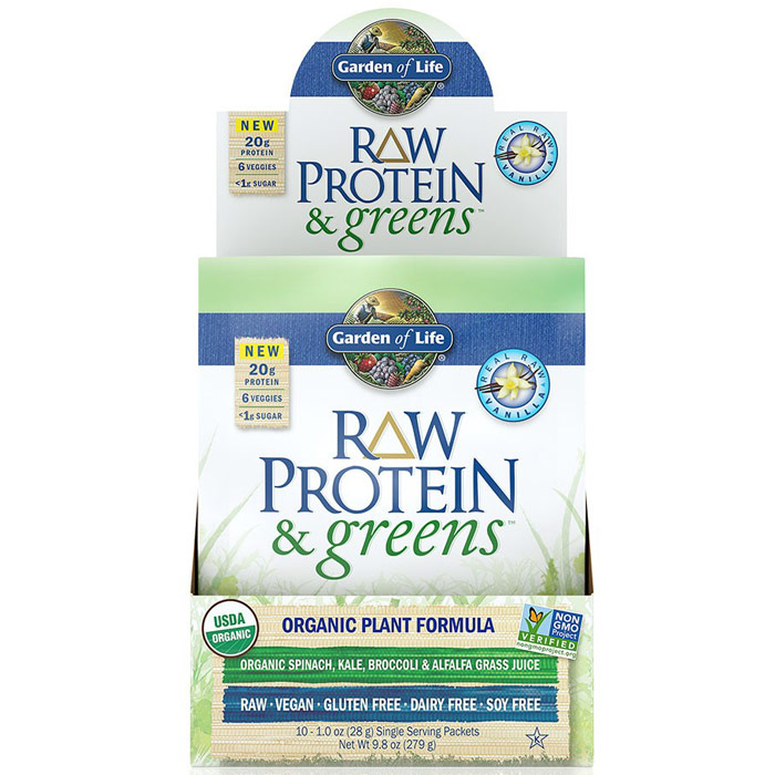 RAW Protein & Greens Organic Powder - Vanilla, 10 Packets (28 g Each), Garden of Life