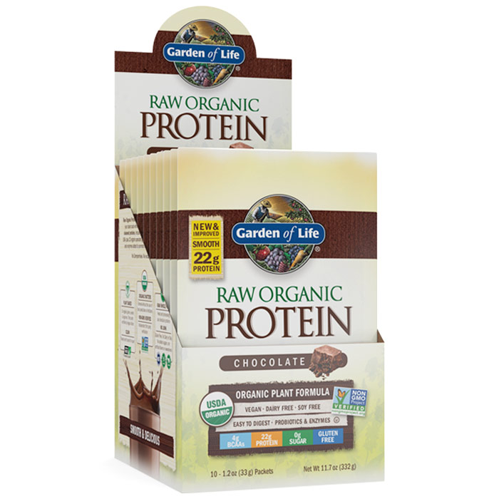 Raw Organic Protein Powder Pack - Chocolate, 10 Packets (33 g Each), Garden of Life