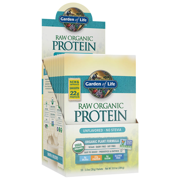 Raw Organic Protein Powder - Unflavored, 10 Packets (28 g Each), Garden of Life