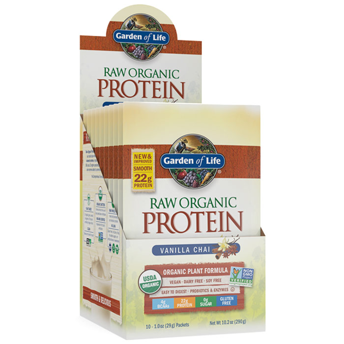Raw Organic Protein Powder Pack - Vanilla Chai, 10 Packets (29 g Each), Garden of Life