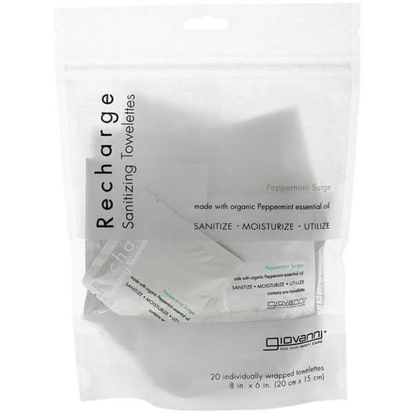 Recharge Sanitizing Towelettes - Peppermint Surge, 20 Wipes, Giovanni Cosmetics