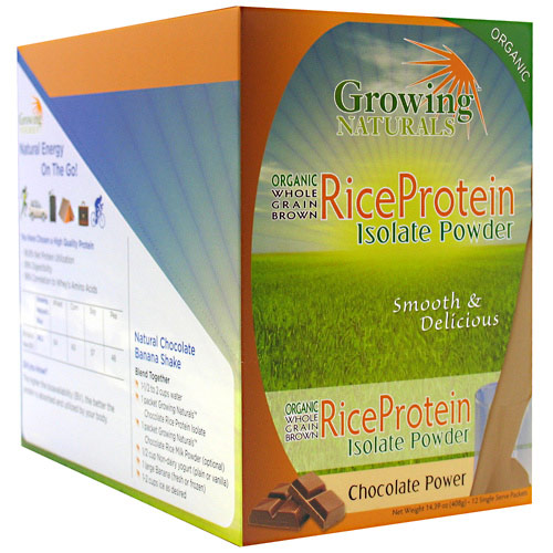 Growing Naturals Rice Protein Isolate Powder, Chocolate, 12 Packets, Growing Naturals