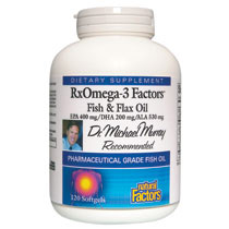 RxOmega-3 Factors Fish & Flax Oil, EPA 400/DHA 200/ALA 530, 120 Softgels, Natural Factors