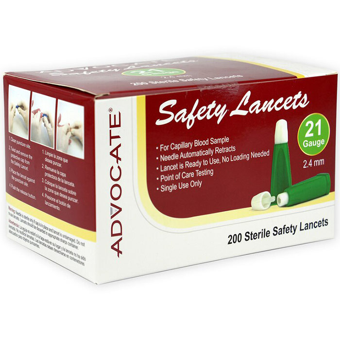 Safety Lancets, 21 Gauge x 2.4 mm, 200 ct/Box, Advocate