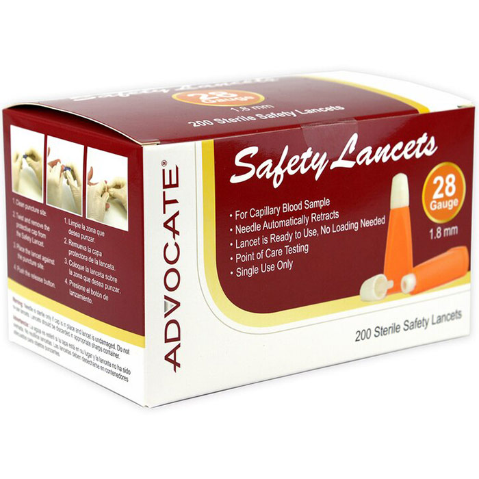 Safety Lancets, 28 Gauge x 1.8 mm, 200 ct/Box, Advocate